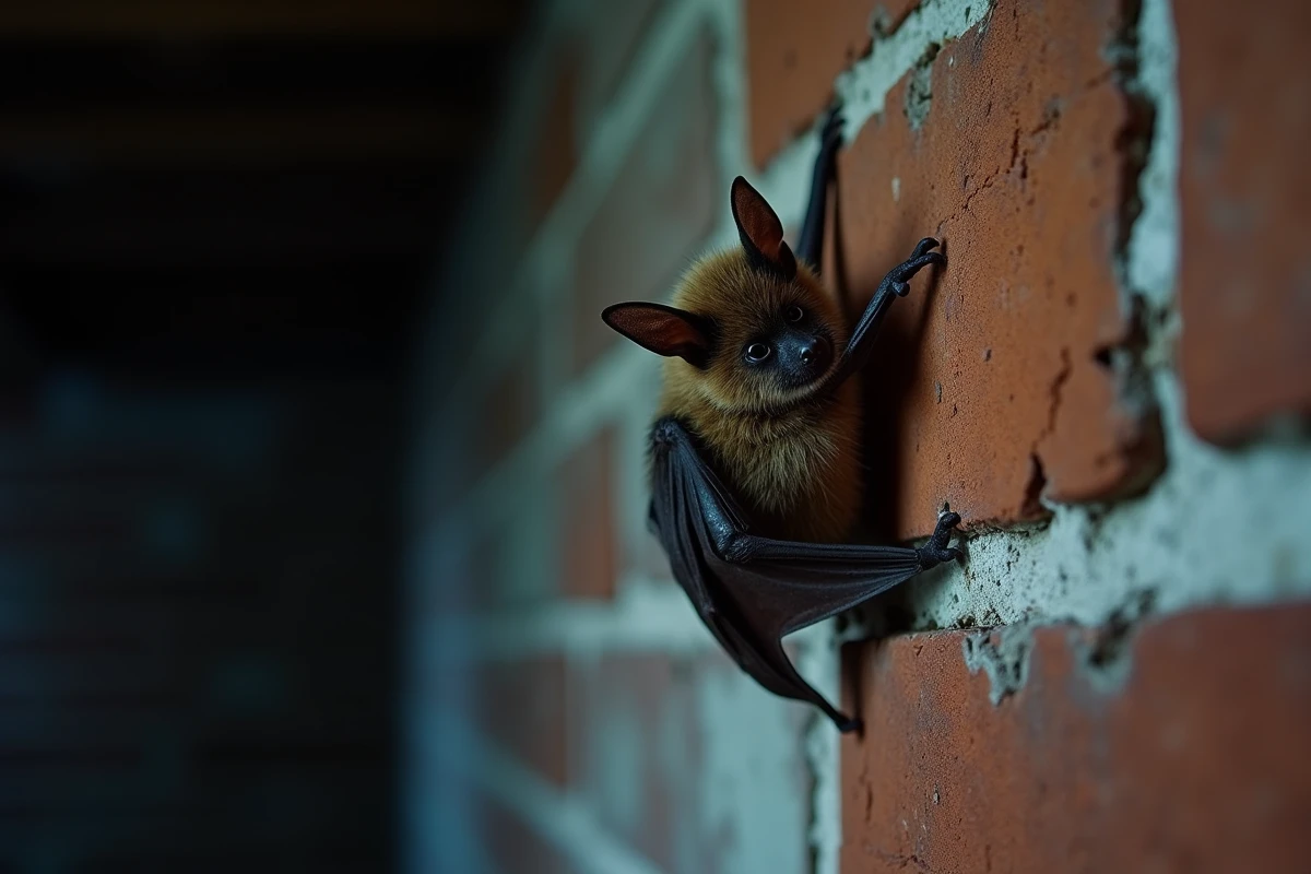 Chauve-souris accrochée au mur intérieur d'une maison la nuit, ailes repliées sur la brique apparente