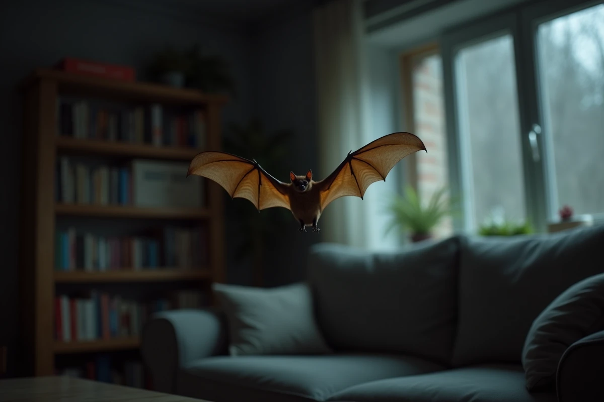 Chauve-souris en vol dans un salon de maison la nuit, ailes déployées devant une fenêtre entrouverte