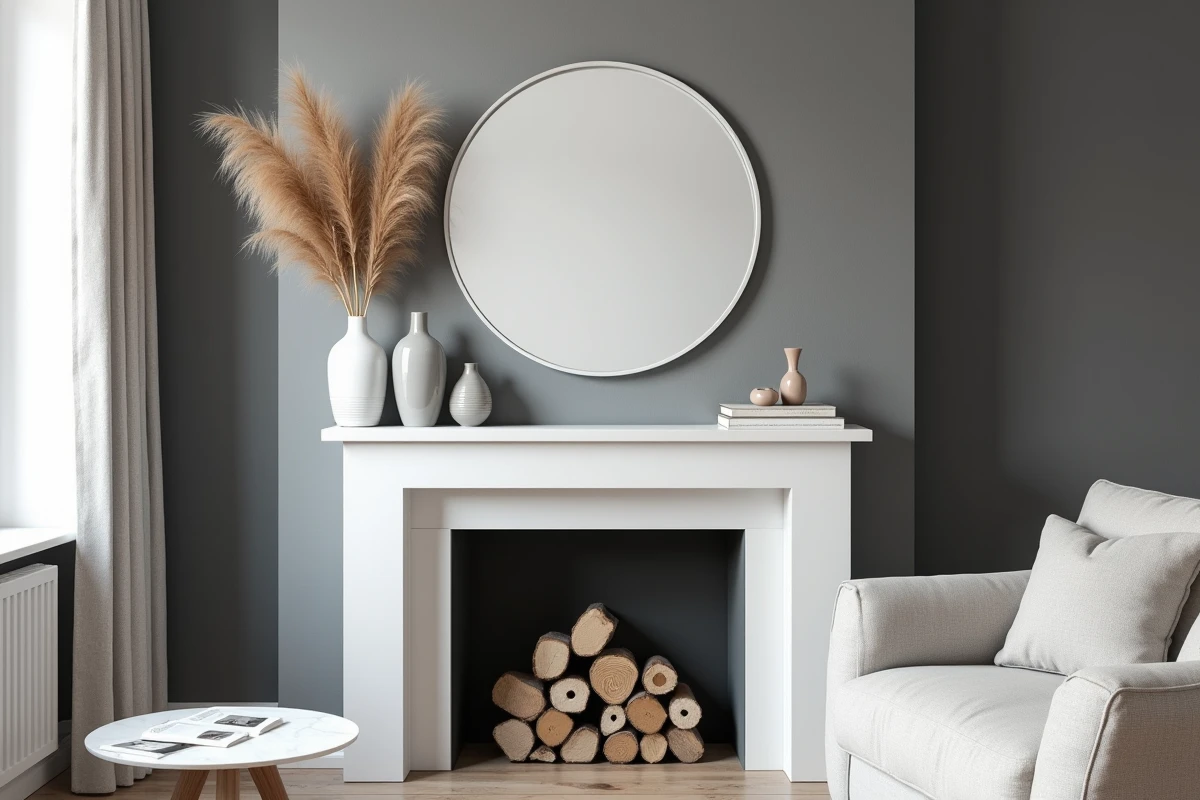 Cheminée blanche dans un salon gris avec miroir rond, vases en céramique grise et mur accent anthracite