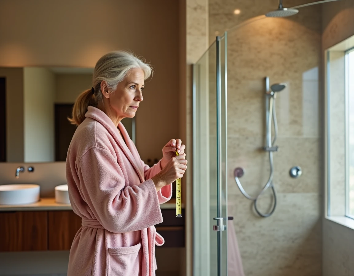Femme mesurant les dimensions d'une cabine de douche standard de 120x80 cm en travertin pour choisir la taille idéale
