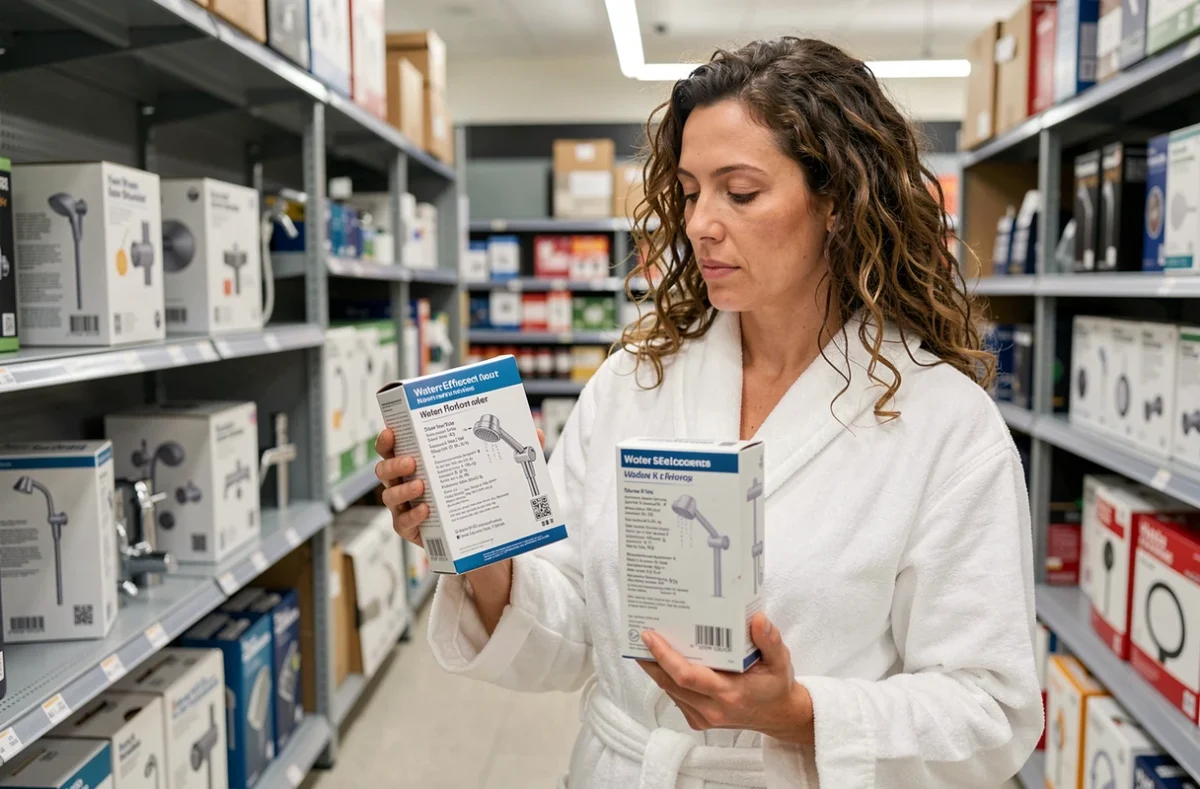 Femme comparant deux pommeaux de douche économes en eau dans un magasin de bricolage