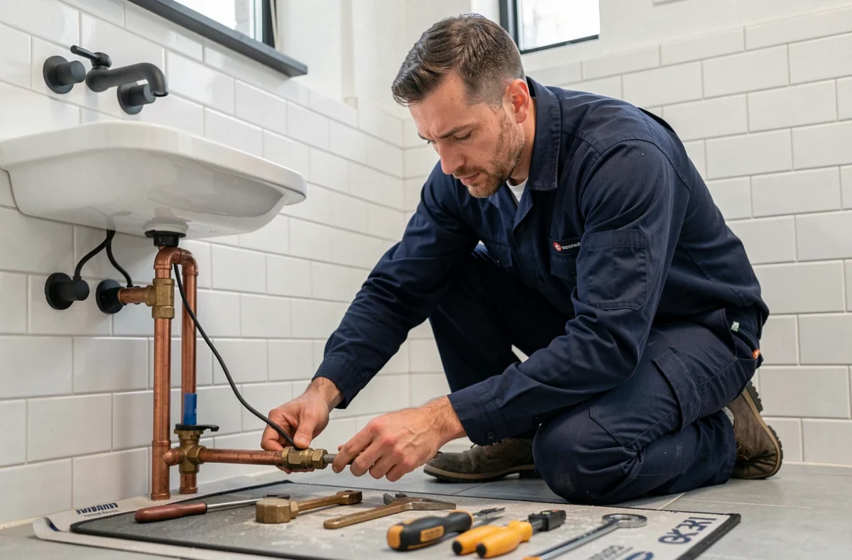 Plombier professionnel Christophe Carpentier en train de raccorder des tuyauteries cuivre dans une salle de bain rénovée