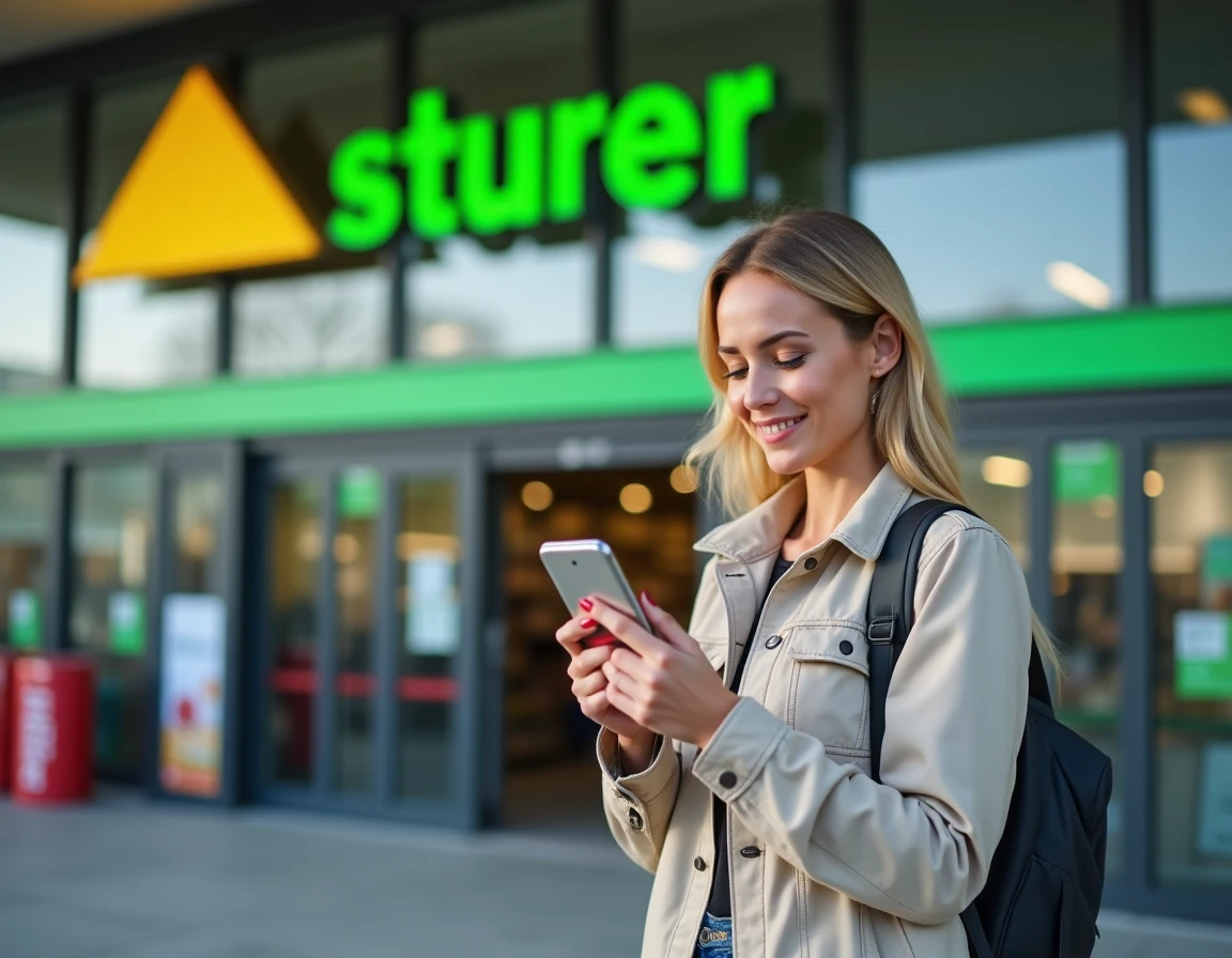 Femme consultant les horaires du magasin Leroy Merlin sur son smartphone à l'entrée