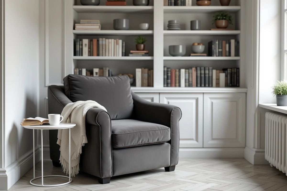 Coin lecture cosy dans un salon gris et blanc avec fauteuil en velours gris, bibliothèque blanche et parquet en chevrons