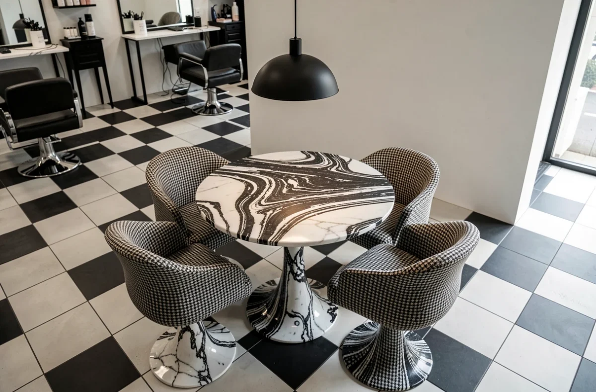 Coin repas noir et blanc avec table en marbre veiné, chaises pied tulipe en tissu pied-de-poule et carrelage damier graphique