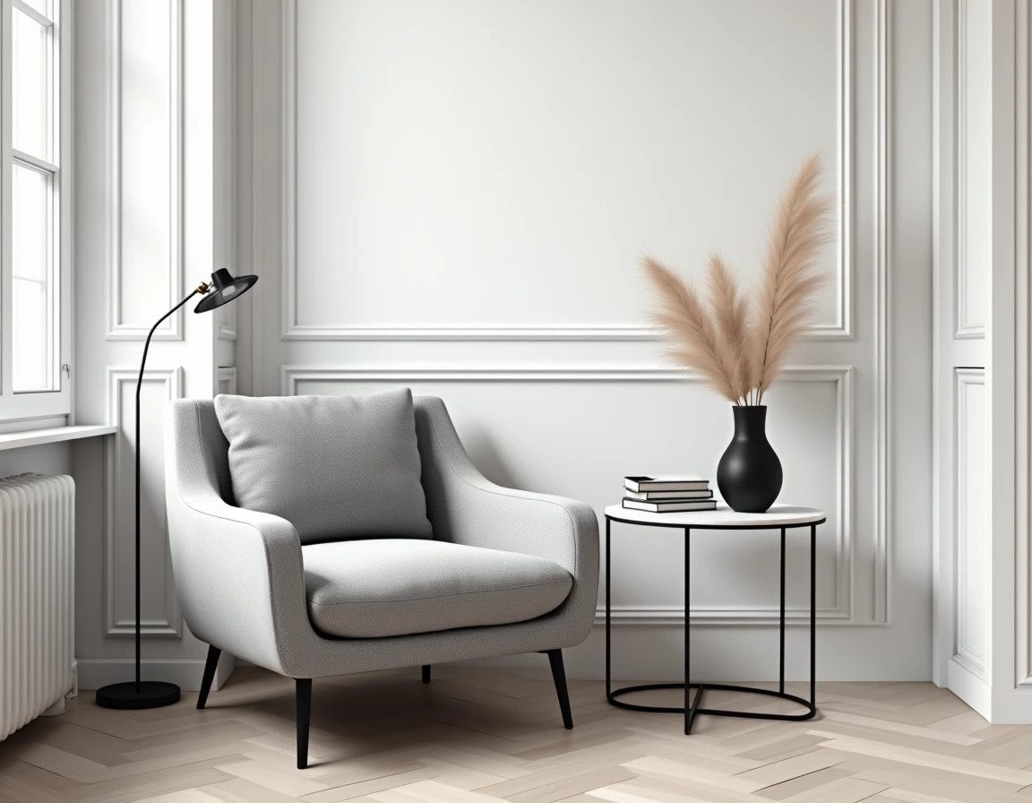 Coin salon tendance 2026 avec fauteuil bouclé gris, lampadaire noir et table d'appoint en marbre blanc dans un intérieur épuré