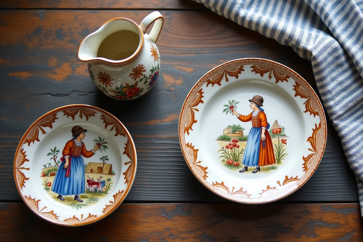 Collection de faïences Henriot Quimper peintes à la main avec motifs bretons traditionnels sur table en chêne