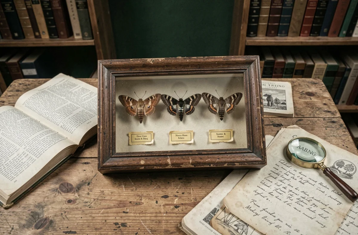 Collection entomologique de papillons de nuit épinglés dans un cadre en bois vintage sur un bureau de naturaliste avec des guides de terrain et des notes sur le folklore
