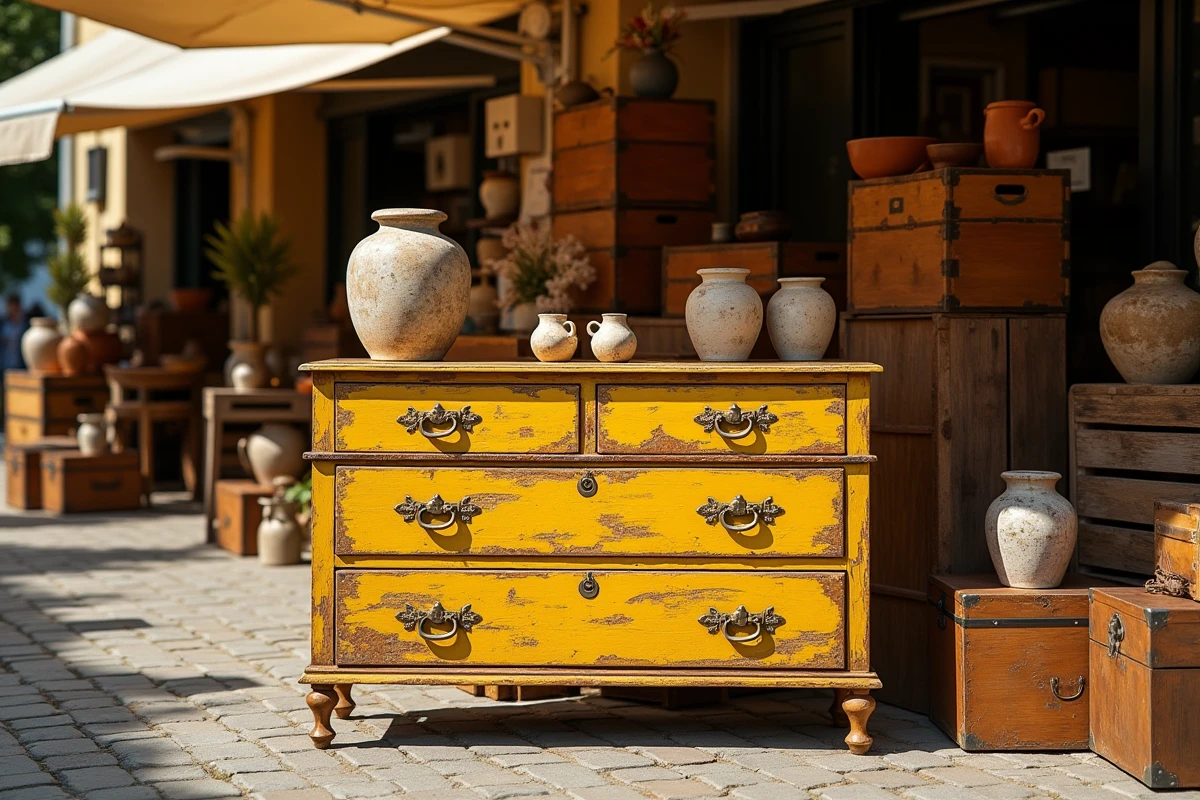 Commode en bois vintage à peinture jaune écaillée exposée dans un marché aux puces en plein air