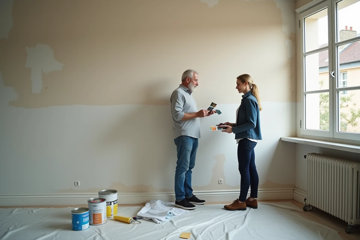 Couple comparant des échantillons de couleurs de peinture dans un appartement en cours de rénovation