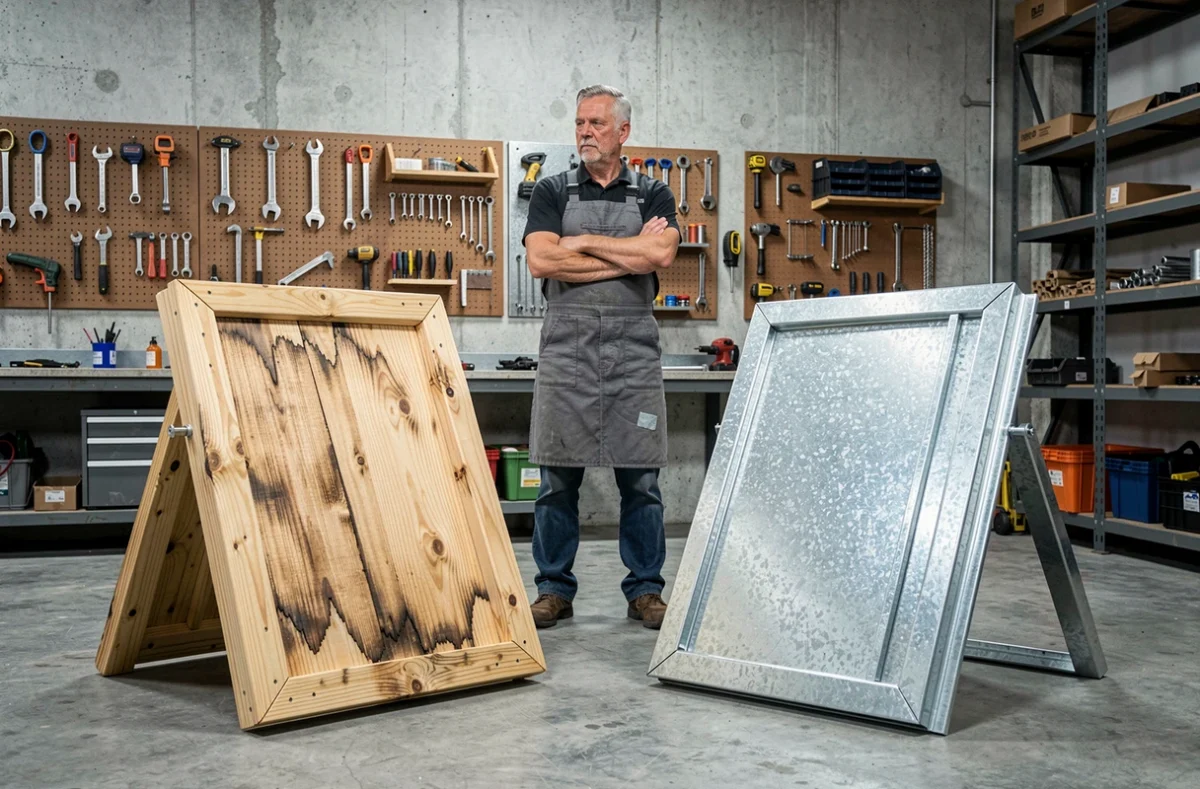 Comparaison entre un support solaire en bois dégradé et un support en acier galvanisé dans un atelier, illustrant la durabilité des matériaux