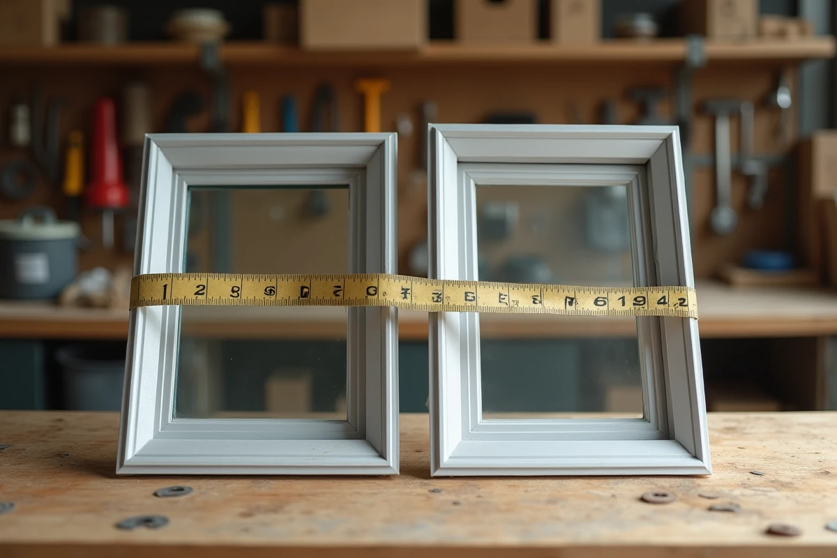 Comparaison de deux cadres de fenêtre de toit VELUX de tailles différentes posés sur un établi, illustrant les erreurs de dimensions fréquentes
