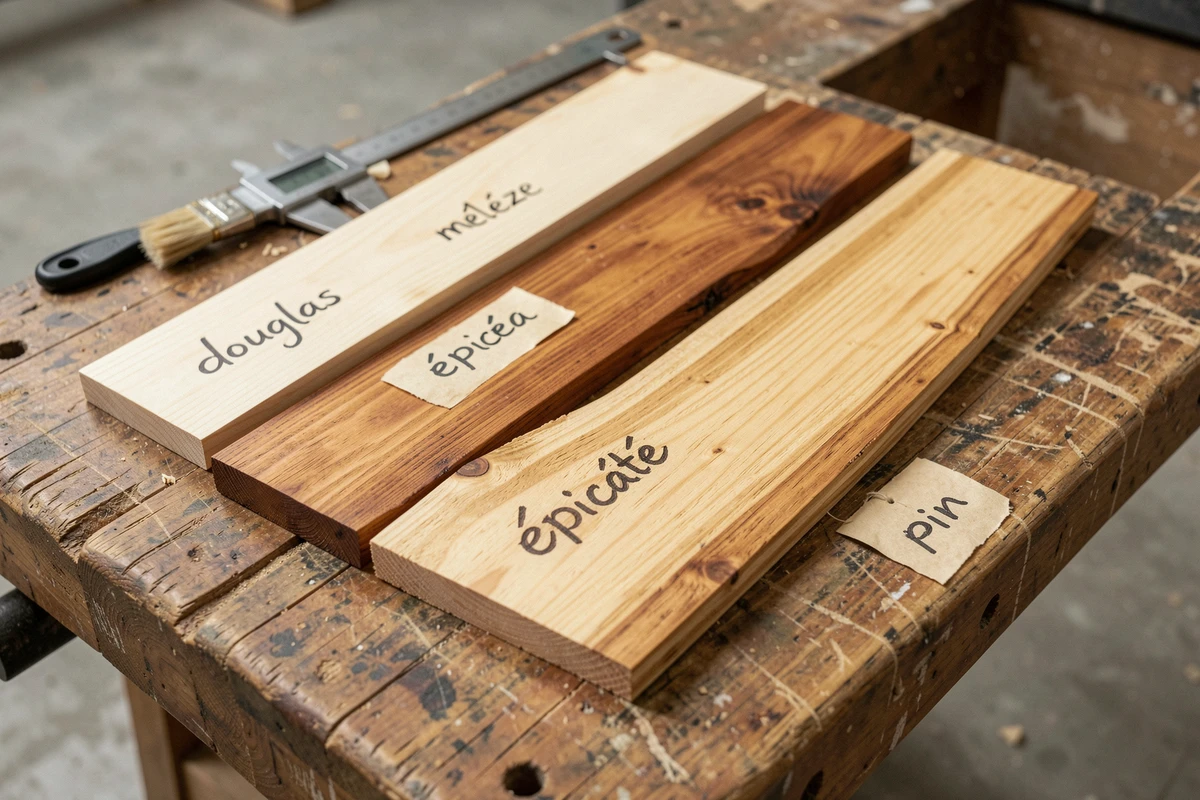 Comparatif des essences de bois pour chalet habitable : douglas, mélèze, épicéa et pin traité sur établi d'artisan