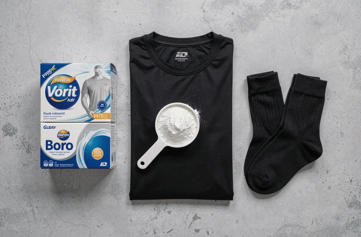 Comparatif de lessives en poudre pour sport en flatlay avec accessoires sportifs
