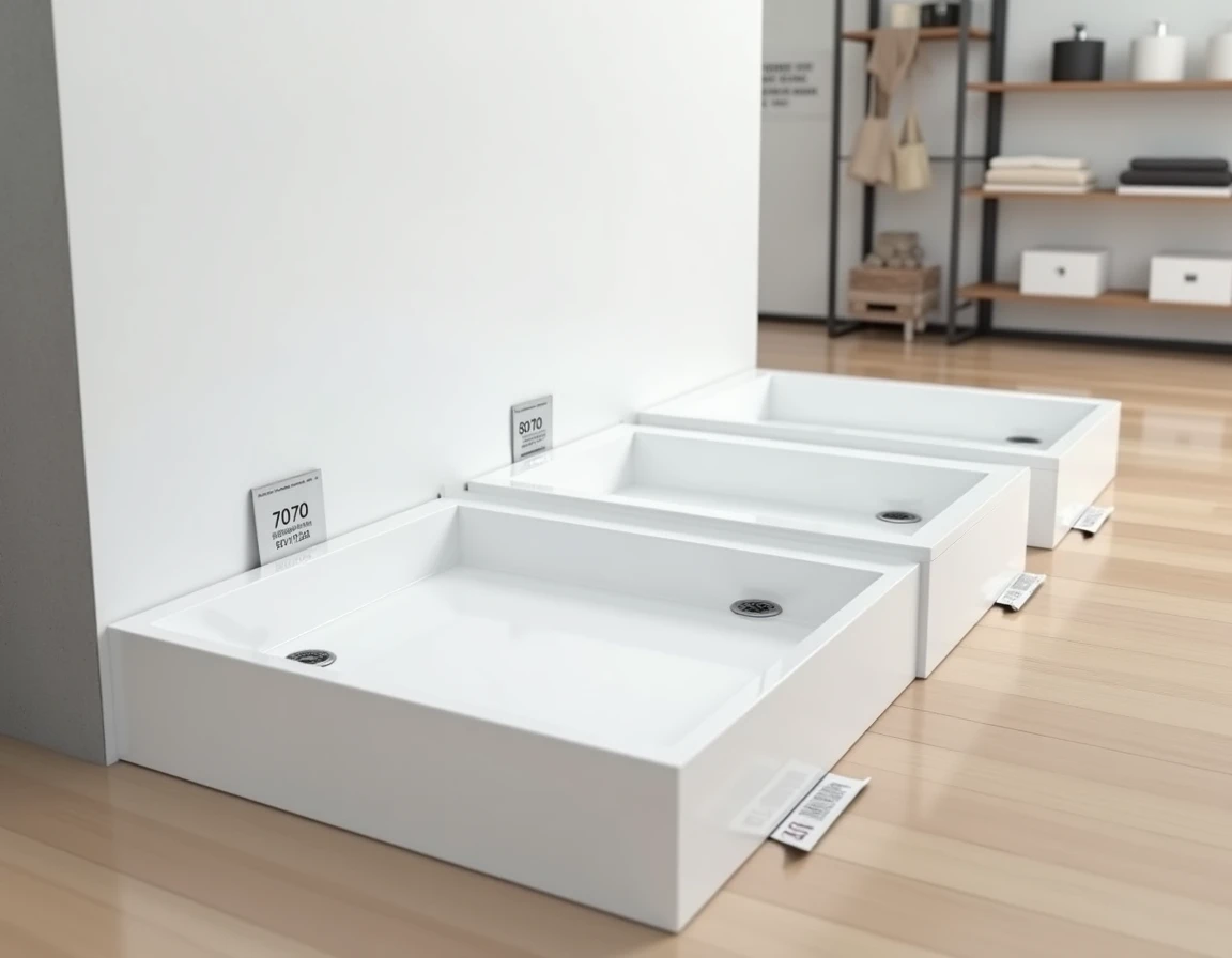 Comparatif de receveurs de douche standards en acrylique de différentes tailles exposés dans un showroom de salle de bain