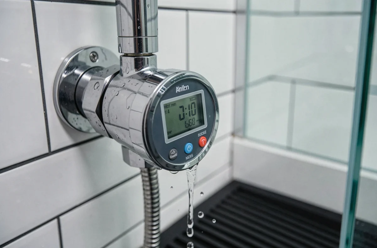 Compteur numérique de débit d'eau installé sur la tuyauterie d'une douche économique moderne