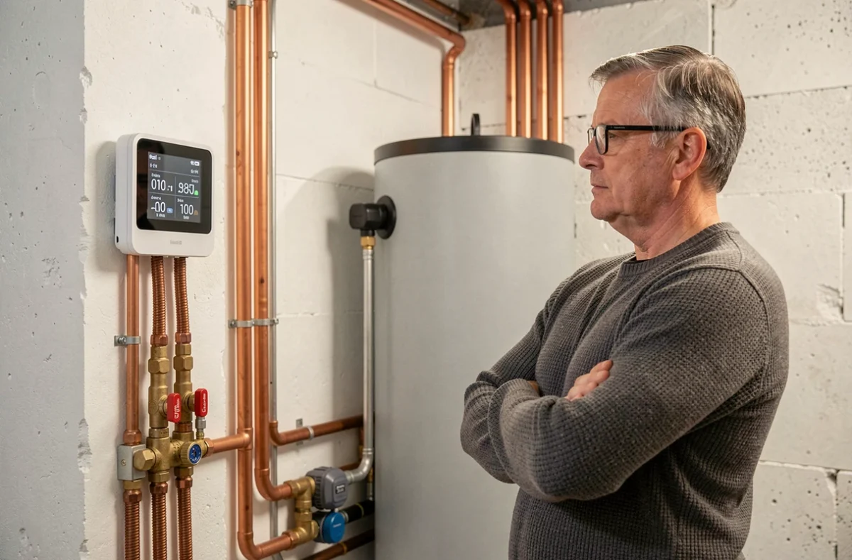 Homme consultant la consommation réelle d'une pompe à chaleur air eau dans une chaufferie résidentielle moderne