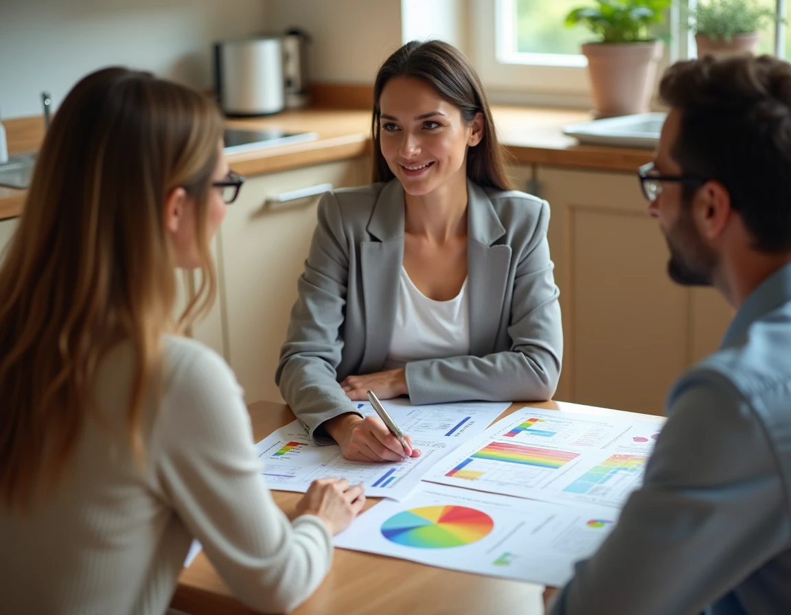 Consultante en audit énergétique présentant le rapport de performance à un couple de propriétaires autour d'une table