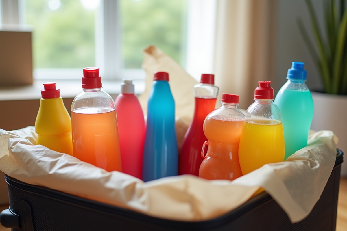 Bouteilles de produits liquides dans des sacs ziplock dans une valise