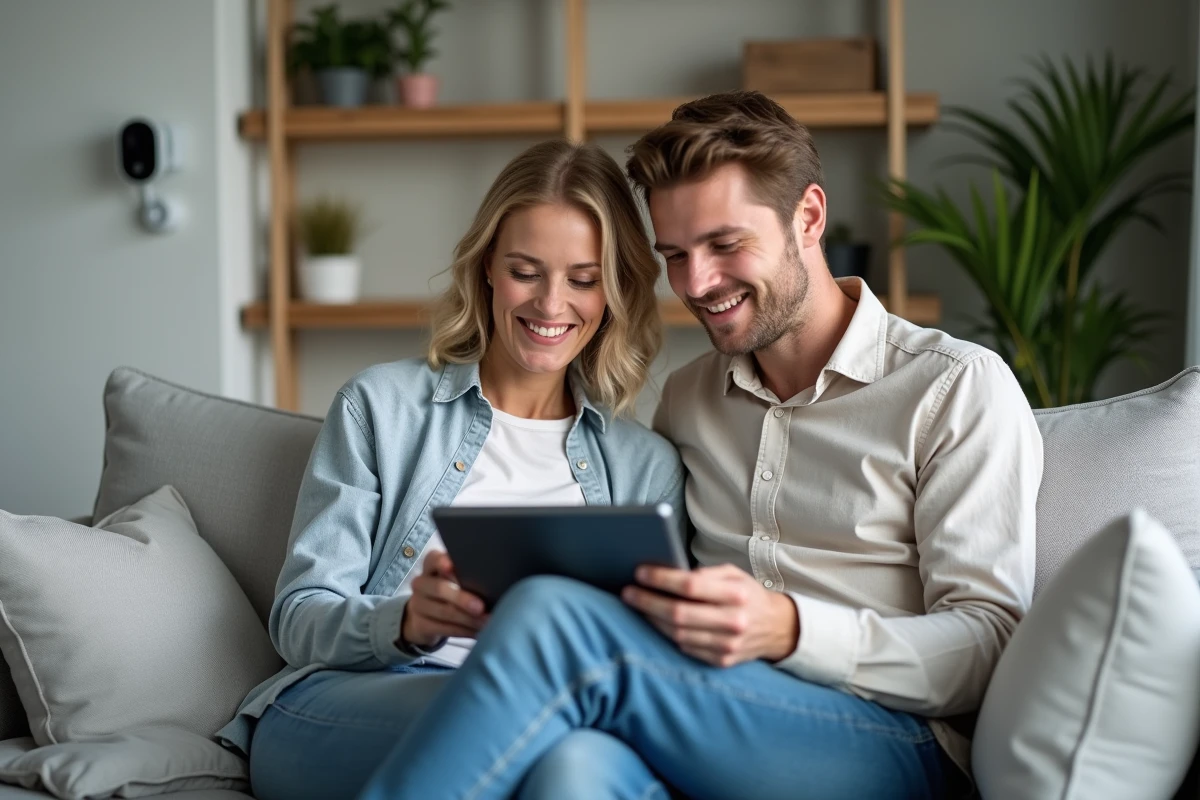 Couple consultant une application de sécurité maison sur tablette avec caméra et détecteur visibles, comparatif Homiris Verisure fonctionnalités