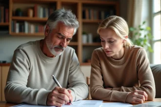 Couple propriétaire consultant des documents d'assurance habitation dans leur maison de 120m2 avec des expressions inquiètes face à la hausse des prix