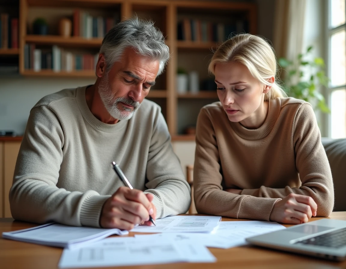 Couple propriétaire consultant des documents d'assurance habitation dans leur maison de 120m2 avec des expressions inquiètes face à la hausse des prix