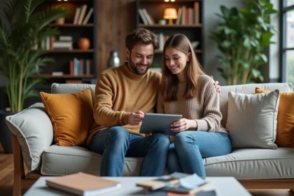 Jeune couple discutant de tissus sur une tablette dans un salon