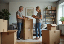 Calculer m3 pour déménagement : astuces et conseils pratiques Couple mesurant un grand carton dans un salon moderne