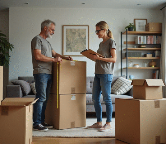 Calculer m3 pour déménagement : astuces et conseils pratiques Couple mesurant un grand carton dans un salon moderne