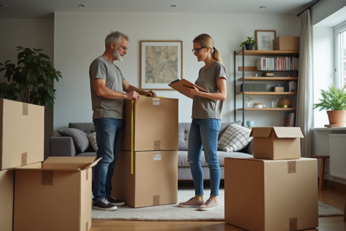 Couple mesurant un grand carton dans un salon moderne