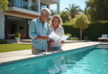 Coût d’une conversion à une piscine minérale : découvrez nos estimations Couple regardant devis piscine mineral en extérieur