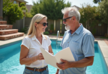 Meilleure période pour acheter une piscine : découvrez les tarifs les plus bas Couple regardant brochures piscine dans un jardin en rénovation