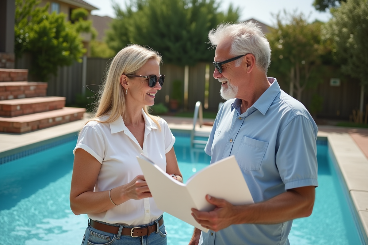 Couple regardant brochures piscine dans un jardin en rénovation