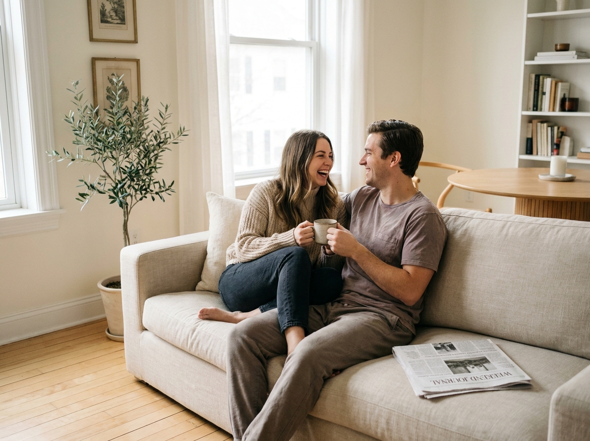 Couple profitant de leur week-end en toute sérénité dans un appartement propre grâce au service de ménage à domicile Centre Services Metz