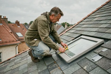 Couvreur mesurant l'emplacement d'une fenêtre de toit VELUX sur une toiture en ardoise avec un mètre ruban