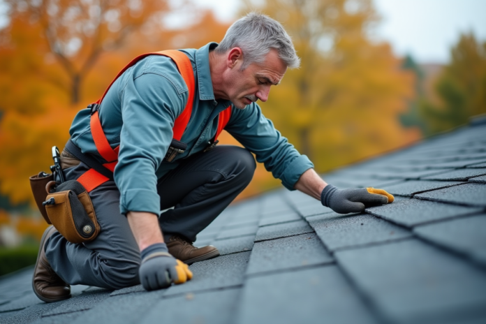 couvreur-toit-automne Couvreur middleaged posant sur un toit en automne