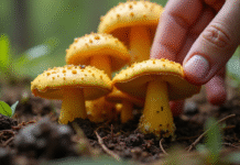 Main récoltant des chanterelles jaunes dans la forêt