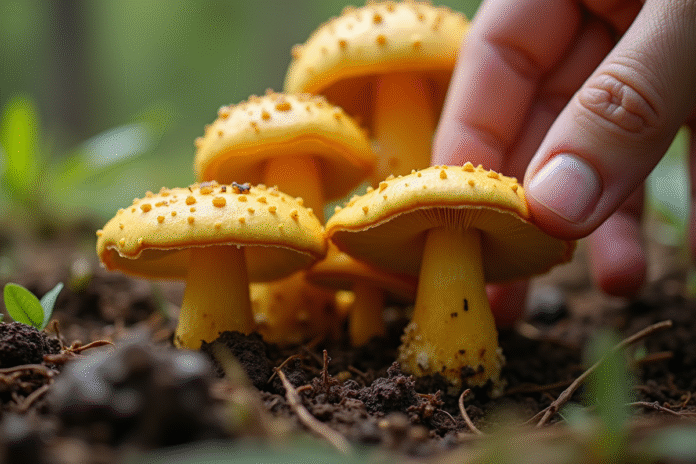 Main récoltant des chanterelles jaunes dans la forêt