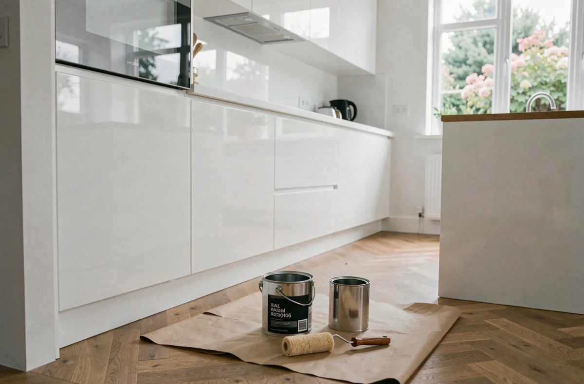 Cuisine scandinave moderne peinte en RAL 9016 blanc signalisation avec finition semi-brillante sur les façades, pot de peinture et rouleau visibles au premier plan