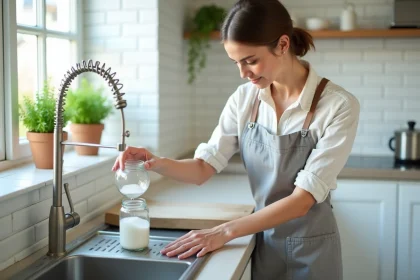 Femme versant du bicarbonate de soude dans un évier de cuisine en inox pour déboucher les canalisations naturellement