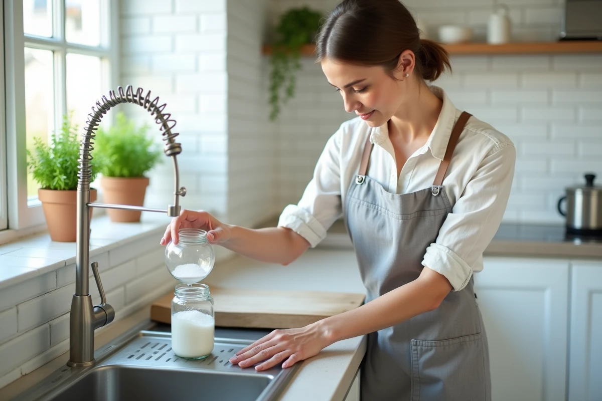 Femme versant du bicarbonate de soude dans un évier de cuisine en inox pour déboucher les canalisations naturellement