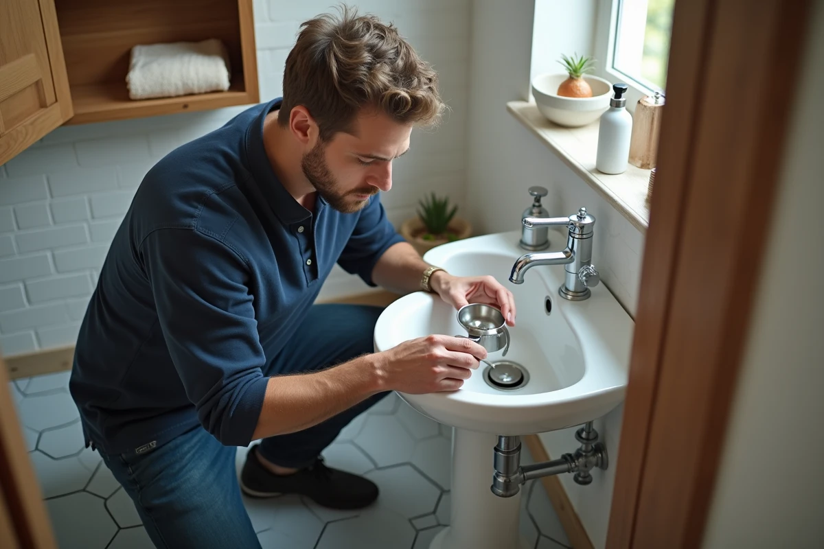 Homme utilisant du bicarbonate de soude et du vinaigre blanc pour déboucher un lavabo de salle de bain en céramique