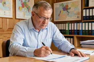 Homme remplissant une déclaration administrative en mairie pour l'installation de panneaux solaires