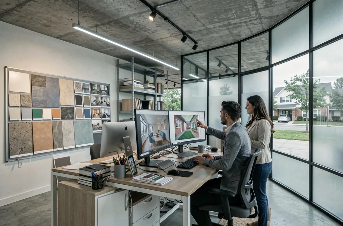 Équipe de Decor Action examinant des rendus 3D sur écrans dans un bureau design moderne avec échantillons de matériaux
