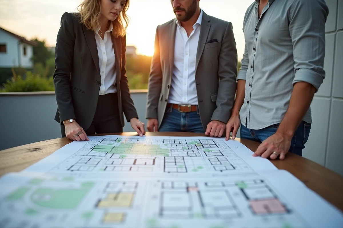 Architecte et urbaniste consultant des plans cadastraux sur la terrasse d'une villa pour en définir les critères légaux