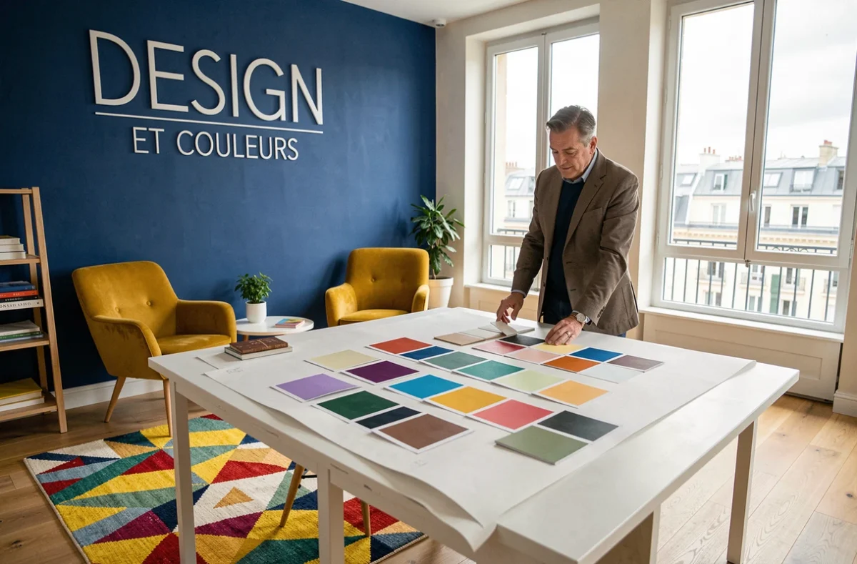 Studio de design Design ET Couleurs avec mur bleu cobalt, chaises jaune moutarde et palettes de couleurs vives