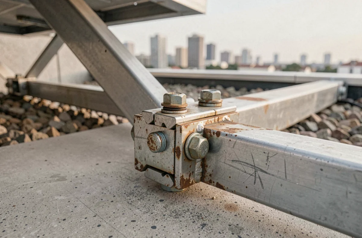 Détail d'un assemblage artisanal de fixation de panneau solaire avec visserie et profilés métalliques