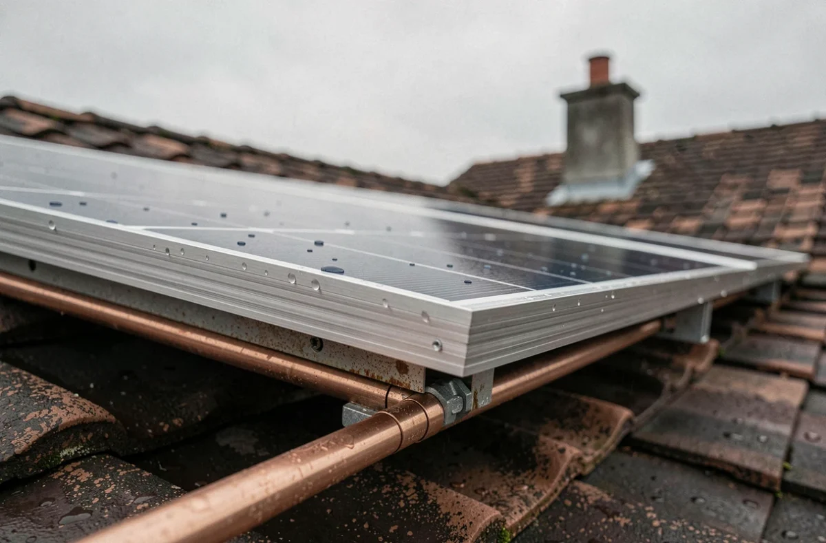 Gros plan sur la surface d'un panneau solaire hybride montrant les cellules photovoltaïques et les tubes thermiques en cuivre