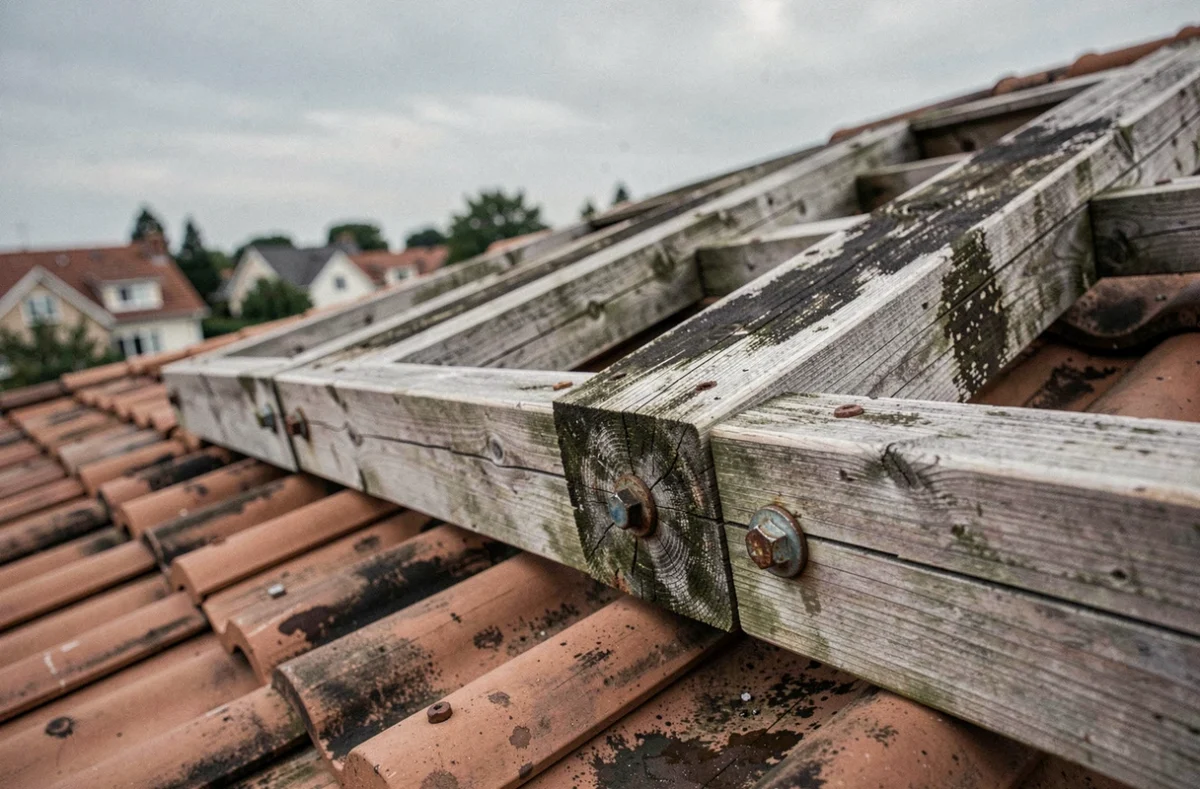 Gros plan sur un cadre en bois de support de panneau solaire sur un toit, montrant les détails de vieillissement et les assemblages métalliques
