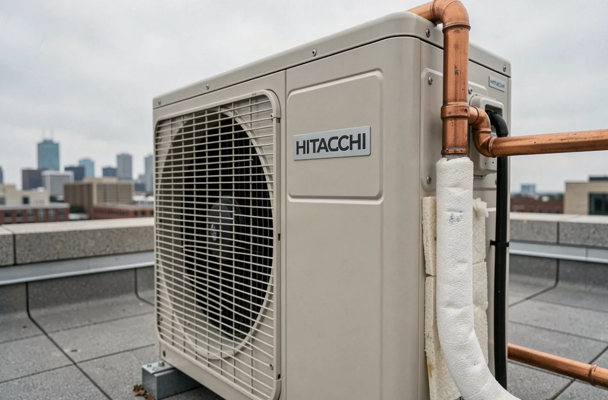 Détail de l'unité extérieure d'une pompe à chaleur Hitachi installée sur une terrasse d'immeuble urbain avec skyline en arrière-plan